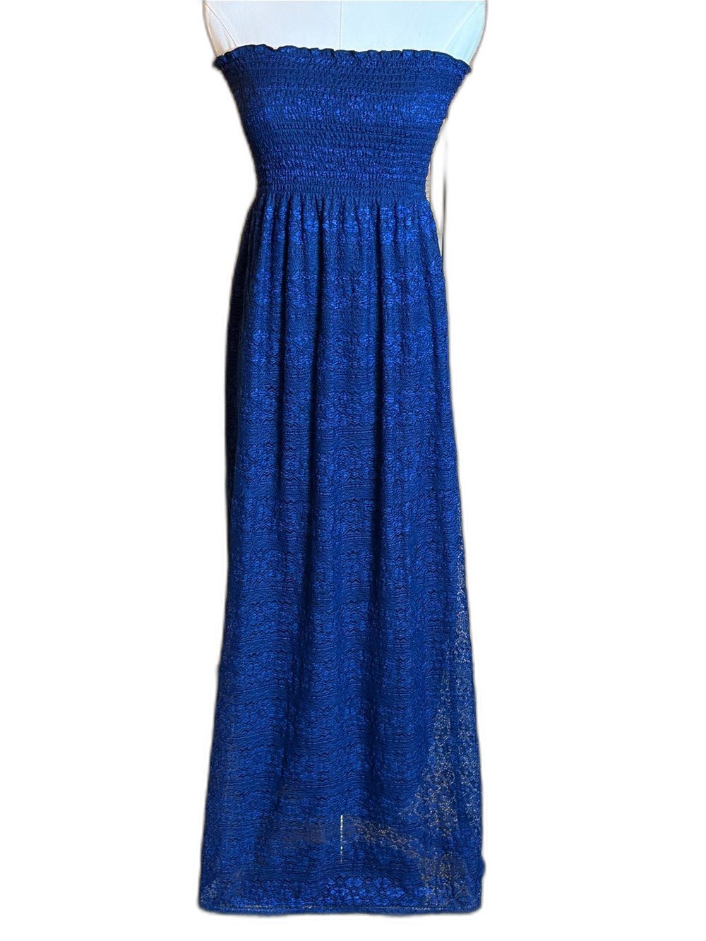 Women’s Strapless Navy Blue Maxi Dress Smocked with Lace Overlay XL